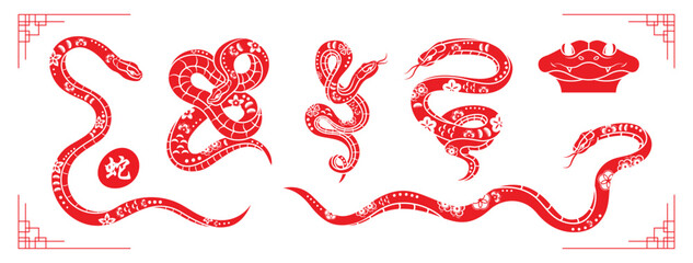 Red snake Chinese new year zodiac sign set, vector illustration, foreign text translations as snake 