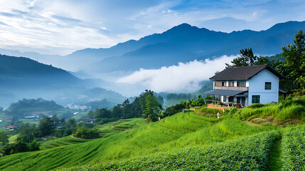 Fototapeta premium Encroaching urbanization threatens the tranquil rural landscape mountain region scenic photograph dawn light aesthetic viewpoint environment impact