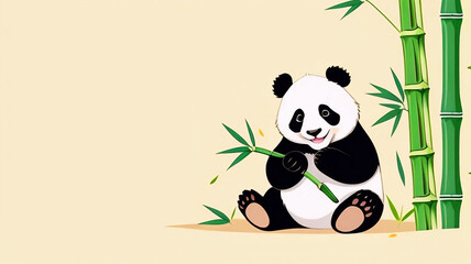 Cute cartoon panda bear sitting among green bamboo forest, cute bear, funny animal