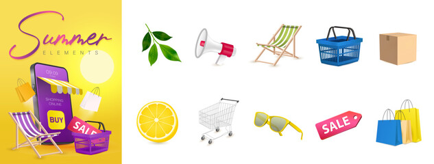 Summer sale element and accessories , online shopping element, vector illustration collection set