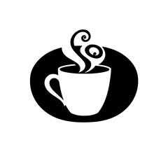 Aromatic Coffee Mug: A simple black and white graphic design of a steaming coffee mug, perfect for cafe logos, coffee shop branding, and coffee-themed designs.