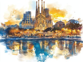 Fototapeta premium Watercolor artwork of Barcelona with Sagrada Familia