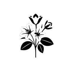 Black and White Floral Illustration: Elegant Petals and Leaves Silhouette.  Monochrome Botanical Design, Perfect for Vintage or Modern Decor.