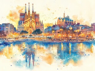 Fototapeta premium Watercolor artwork of Barcelona with Sagrada Familia