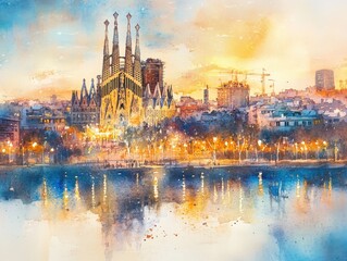 Watercolor artwork of Barcelona with Sagrada Familia
