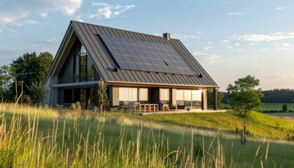 Pannelli fotovoltaici su un tetto spiovente di una casa moderna ecosostenibile, con il sole che splende in un cielo limpido, sfondo rurale
