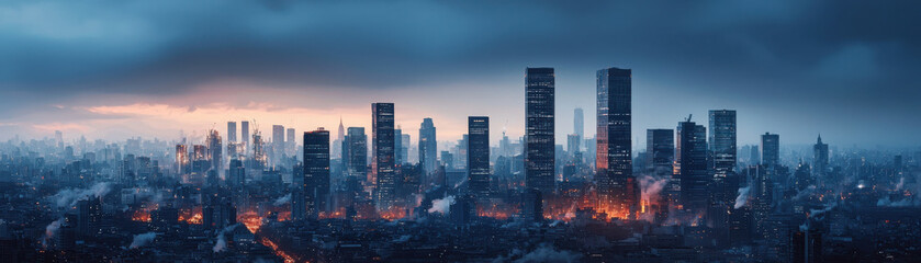 Obraz premium city skyline with mix of modern skyscrapers and pollution, showcasing dramatic atmosphere with smoke and moody sky