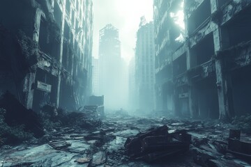 Urban decay in a deserted cityscape with crumbling buildings and overgrown vegetation