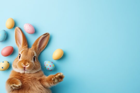top view of easter smiling funny bunny laying on back with a lof of colourfull eggs