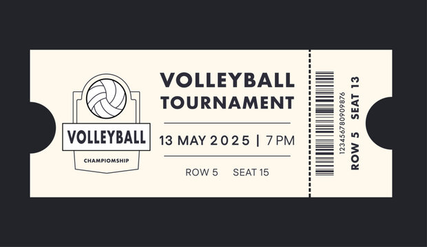 Volleyball torn-off ticket template. Vector illustration of entrance ticket for volleyball play. Modern linear badge design with ball. Editable stroke.
