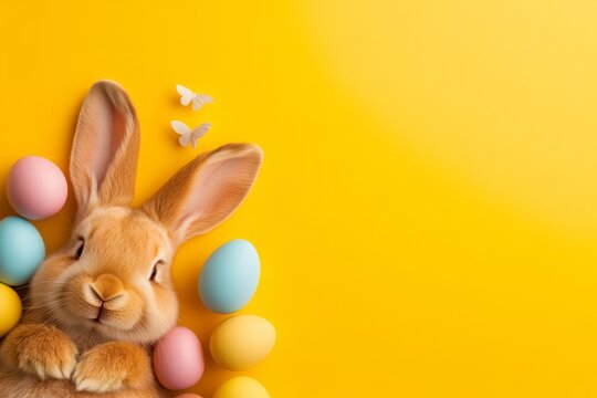 top view of easter smiling funny bunny laying on back with a lof of colourfull eggs