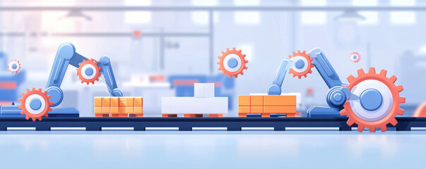 Automated factory with robotic arms and gears producing goods efficiently. scene showcases modern manufacturing technology and industrial design elements