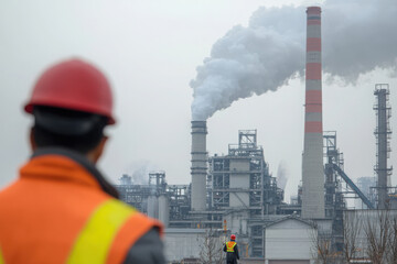 Obraz premium factory with smoke rising, workers in foreground, industrial setting, pollution, machinery, safety gear, smokestacks, urban environment, manufacturing, teamwork