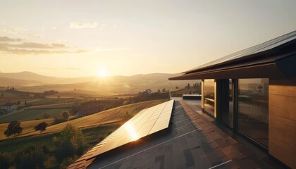 Fototapeta premium Pannelli fotovoltaici su un tetto spiovente di una casa moderna ecosostenibile, con il sole che splende in un cielo limpido, sfondo rurale