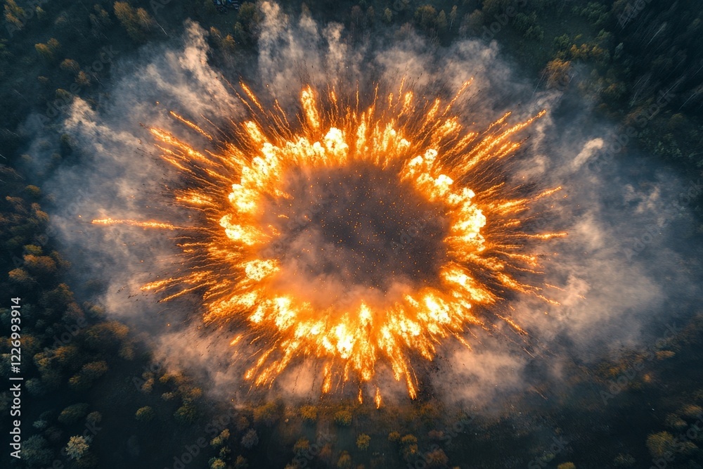 Poster Explosive fireball erupting in a forest clearing creating a massive cloud of smoke and debris during daylight hours