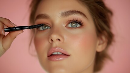 Obraz premium A stunning portrait of a young woman applying mascara to her long, voluminous eyelashes. The soft pink background adds warmth, while her expression conveys elegance and poise