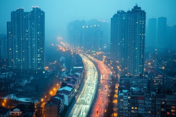 City skyline at night with urban traffic illuminated by streetlights and buildings shrouded in fog