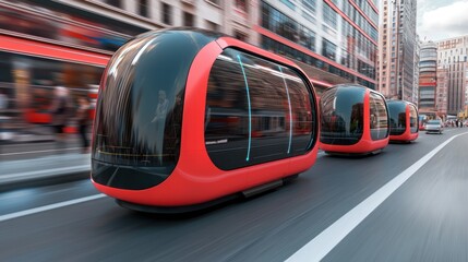 Obraz premium A futuristic street scene featuring sleek, red autonomous pods traveling along an urban road, showcasing modern transportation technology.