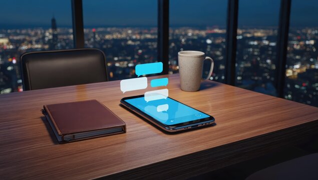 Smartphone is displaying chat messages on a desk in a modern office at night, with a notebook and a cup of coffee nearby, suggesting late night work or communication