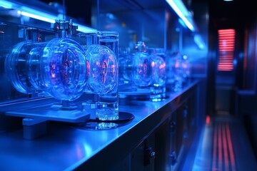 Modern laboratory features advanced glass apparatus under blue lighting