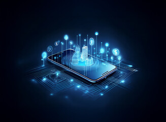 A smartphone displays a glowing digital interface with interconnected data points, illustrating the concept of mobile financial technology and digital connectivity.