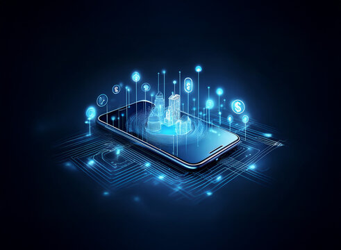 A smartphone displays a glowing digital interface with interconnected data points, illustrating the concept of mobile financial technology and digital connectivity.