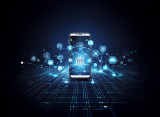 A smartphone displays a bank icon surrounded by glowing network connections, symbolizing mobile banking and financial technology.  The dark background enhances the futuristic feel.