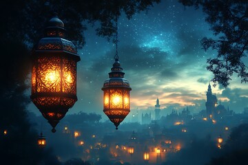 Obraz premium Illuminated Lanterns at Dusk with Castle Silhouette in the Background