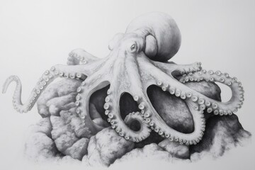 Obraz premium Realistic graphite drawing of an octopus with detailed tentacles resting on rocks, showcasing the beauty and intricacy of marine life
