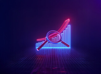 Neon glowing graph with upward trend under magnifying glass, symbolizing growth analysis and market research.