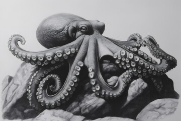 Obraz premium Detailed graphite drawing captures an octopus resting on rocks, its tentacles curled and suckers visible, showcasing the cephalopod's unique texture and form