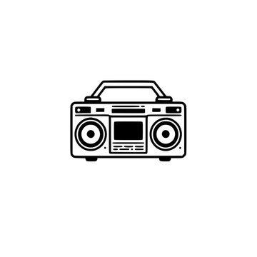 recommend clip art: Vintage Boombox Cassette Player: Retro Music Icon, 80s 90s Audio Design. Classic Stereo, Portable Radio, Black and White Line Art Illustration.