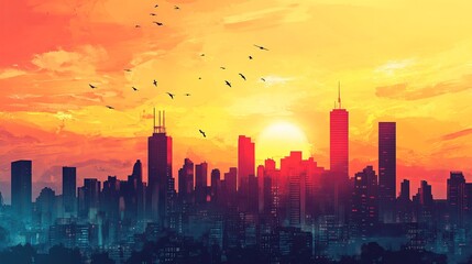 A vibrant sunset over a city skyline with silhouettes of skyscrapers. picture