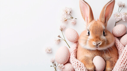 Obraz premium Easter party concept. Composition of easter bunny and eggs on pastel background with copyspace template for greetein card