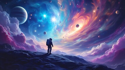Fototapeta premium A Man Stands on a Hill, Gazing up at the Galaxy, Captivated by the Vastness of the Cosmos Above Him