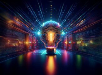 A vibrant, glowing lightbulb at the center of a digital corridor, radiating energy and innovation.  Surrounding screens display colorful data streams.