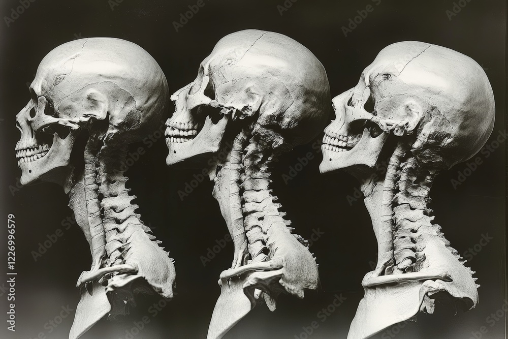 Poster multiple views of human skulls highlighting anatomical features and structure