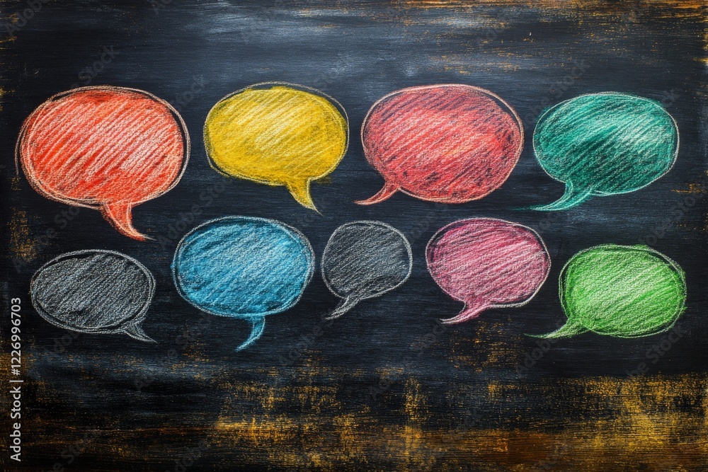 Poster Colorful speech bubbles drawn in chalk on a blackboard surface create a playful atmosphere for communication and creativity