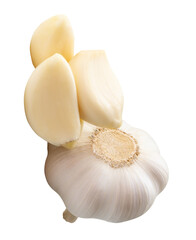 Top view of fresh white garlic bulbs with peeled garlic clove or pieces in stack isolated with clipping path in png file format