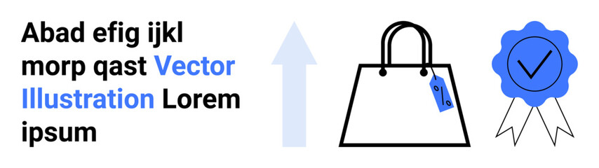 Shopping bag with price tag, upward arrow symbol for growth, and quality guarantee seal. Ideal for shopping, marketing, business growth, e-commerce, quality assurance, trust flat landing page banner