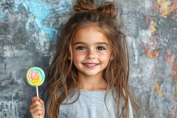 Young girl with freckles holding a colorful lollipop in front of a painted wall backdrop