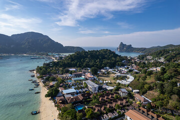 Naklejka premium Phi Phi island Thailand beach and long tail boats drone photo
