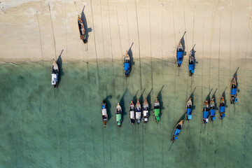Phi Phi island Thailand  beach and long tail boats drone photo