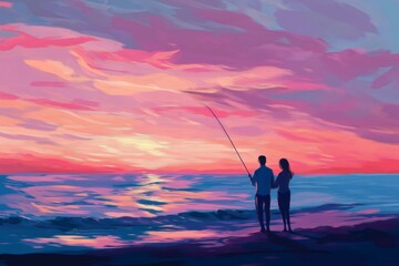 Couple holding hands and fishing together on the beach during a colorful pastel hued sunset over the ocean