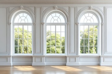 Fototapeta premium Elegant interior with large arched windows showcasing a lush green view in a bright and spacious room