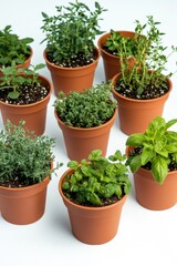 Fototapeta premium Close-up image of various types of herbs in terracotta flower pots on a white surface. Collection showcases the diversity and growth potential for these plants.