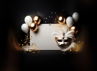 Elegant masquerade party invitation concept. White and gold mask rests on blank card with balloons and confetti, set against a dark background.  A luxurious and festive scene.