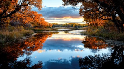 Fototapeta premium Autumn sunset river reflection, golden trees, tranquil landscape, nature scene, wallpaper