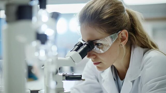 Scientist working with microscope in laboratory montage