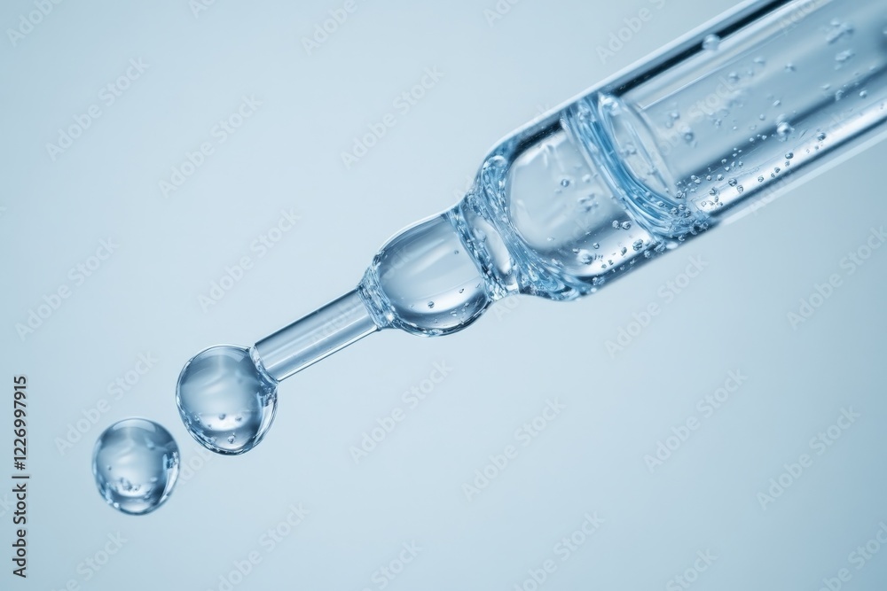 Poster close-up view of a glass dropper releasing liquid droplets in a neutral background environment